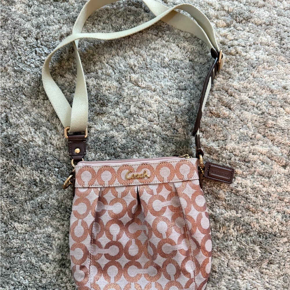 Coach Tan and Pink Crossbody Bag with Signature Design